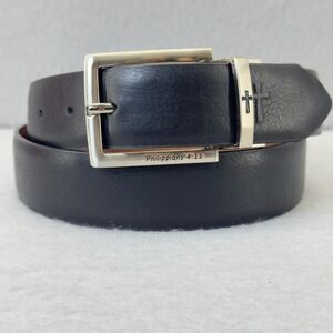 NEW Philippians 4:13 Reversible Black Bonded Leather Belt Silver Buckle‎ Sz 36